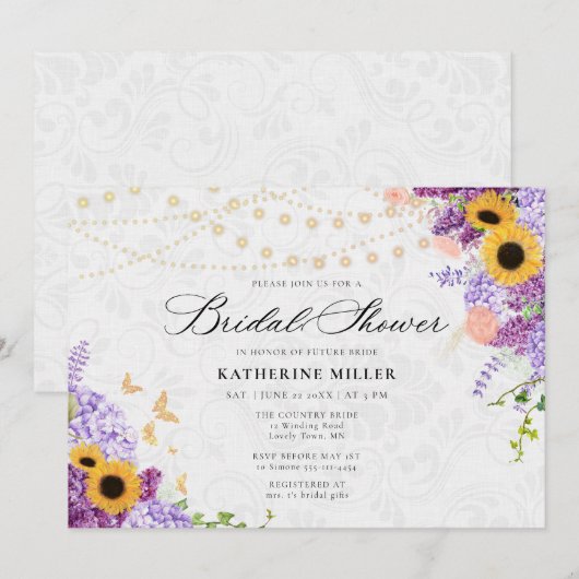 Sunflower Lilac String Lights Rustic Bridal Shower Einladung (Vorne/Hinten)