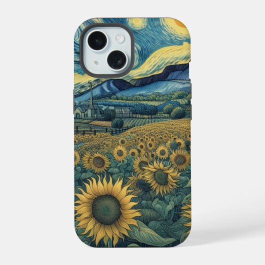 Sunflower Meadow in the Starry Night iPhone 15 Hülle (Rückseite)