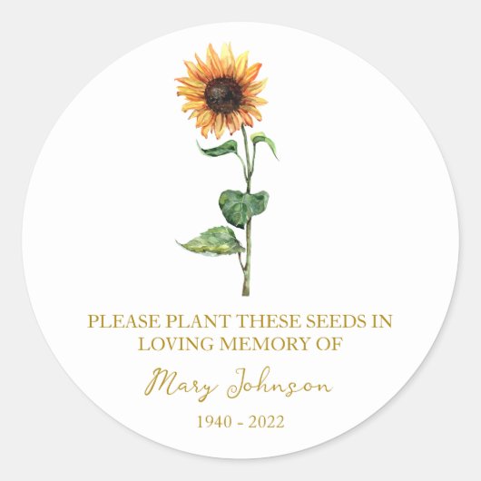 Sunflower Memorial Funeral Seed Packet Runder Aufkleber (Vorderseite)