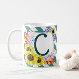 Sunflower Monogram Teal Stripes Kaffeetasse