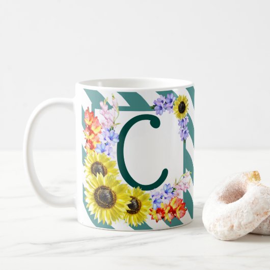 Sunflower Monogram Teal Stripes Kaffeetasse (Mit Donut)
