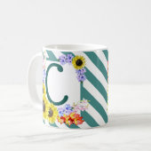 Sunflower Monogram Teal Stripes Kaffeetasse (Vorderseite Links)