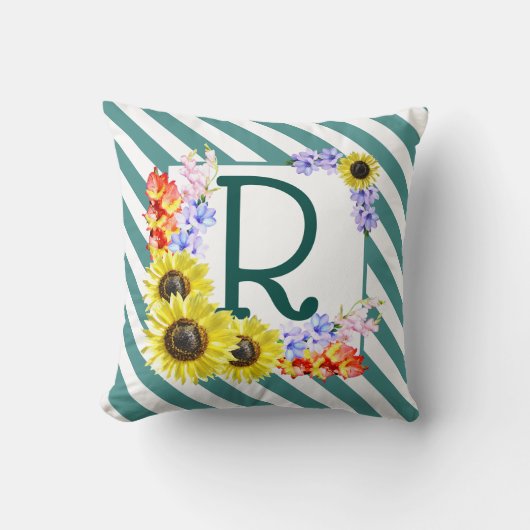 Sunflower Monogram Teal Stripes Kissen (Vorderseite)