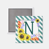Sunflower Monogram Teal Stripes Magnet (Vorderseite/Rückseite)