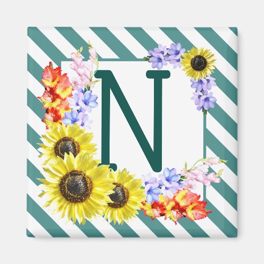 Sunflower Monogram Teal Stripes Magnet (Vorne)