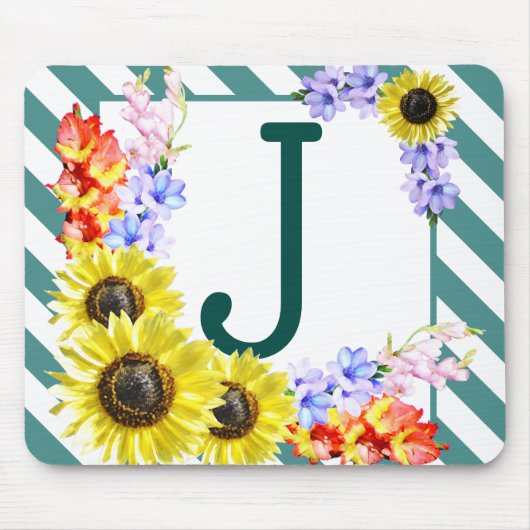 Sunflower Monogram Teal Stripes Mousepad (Vorne)