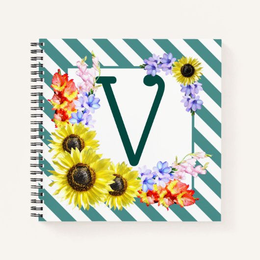 Sunflower Monogram Teal Stripes Notizblock (Vorderseite)