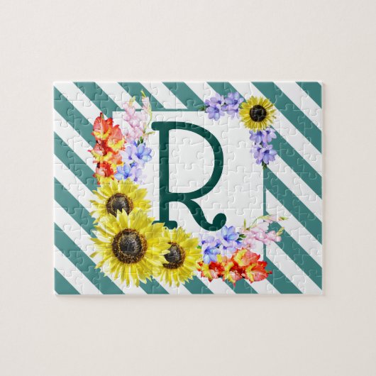 Sunflower Monogram Teal Stripes Puzzle (Horizontal)