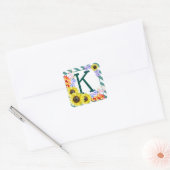 Sunflower Monogram Teal Stripes Quadratischer Aufkleber (Umschlag)