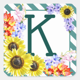 Sunflower Monogram Teal Stripes Quadratischer Aufkleber