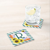 Sunflower Monogram Teal Stripes Rechteckiger Pappuntersetzer (Vor Ort)