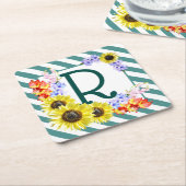 Sunflower Monogram Teal Stripes Rechteckiger Pappuntersetzer (angewinkelt)