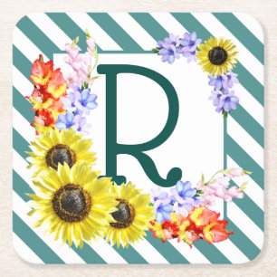 Sunflower Monogram Teal Stripes Rechteckiger Pappuntersetzer