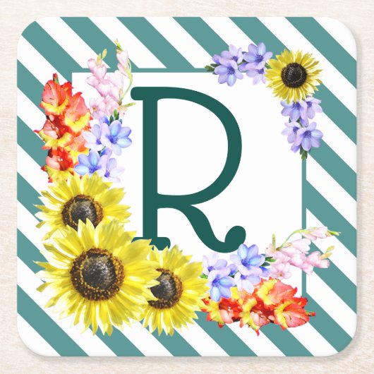 Sunflower Monogram Teal Stripes Rechteckiger Pappuntersetzer (Vorderseite)