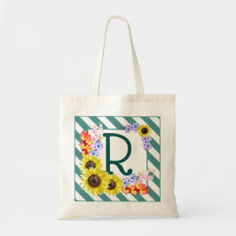 Sunflower Monogram Teal Stripes Tragetasche