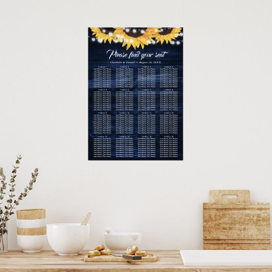 Sunflower Navy Blue Wedding Seating Chart 16 Poster (Küche)