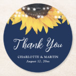 Sunflower Navy Blue Wedding Thank You Runder Pappuntersetzer<br><div class="desc">Rustic navy blue and sunflower wedding favor coasters featuring sunflowers and string lights on a navy blue background. Perfect items for a navy blue rustic wedding party inspired by sunflower flowers. Inexpensive navy blue rustic wedding gifts,  or party décor.</div>