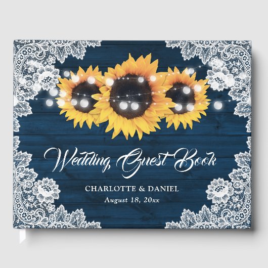 Sunflower Navy Blue Wood Floral Lace Wedding Gästebuch (Vorderseite)
