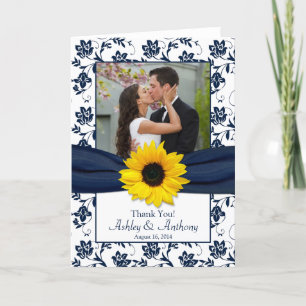 Sunflower Navy Damask Wedding Thank You Card Dankeskarte