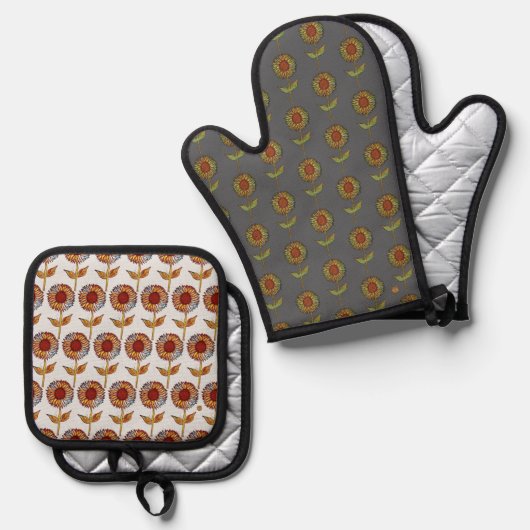  Sunflower Oven Mitt and Pot Holders Ofenhandschuh & Topflappen-Set (Vorderseite/Rückseite)