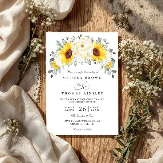 Sunflower Peony Floral Eucalyptus QR Code Wedding Einladung
