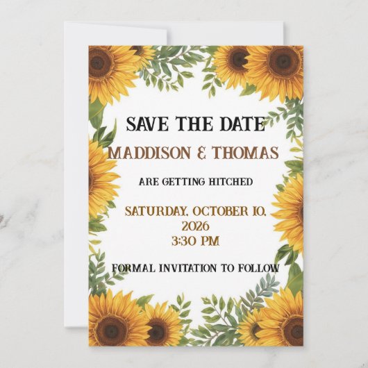 Sunflower Personalised Wedding Save The Date Card Einladung (Vorderseite)