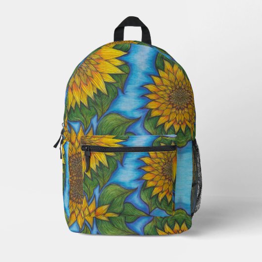 Sunflower Print Backpack Yellow Blue Black Bedruckter Rucksack (Vorderseite)
