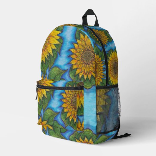 Sunflower Print Backpack Yellow Blue Black Bedruckter Rucksack (Rückseitige Ecke Rechts)