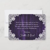 Sunflower Purple Rustic Wood Floral Lace Wedding Dankeskarte (Rückseite)