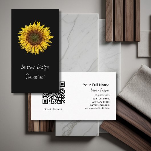 Sunflower QR code Interior Designer Modern Black  Visitenkarte