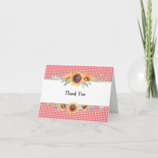 Sunflower Red Gingham Folded Thank You Card Dankeskarte (Vorderseite)