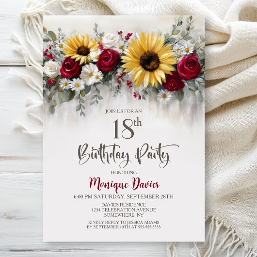 Sunflower Red Rose Floral 18th Birthday Party Einladung