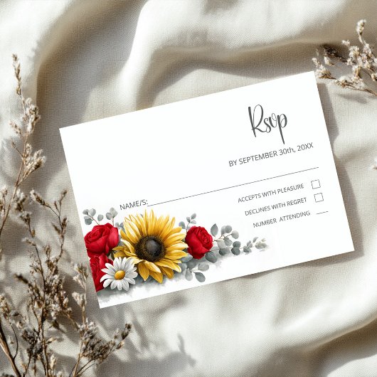 Sunflower Red Rose Floral Wedding RSVP Karte