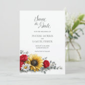 Sunflower Red Rose Floral Wedding Save the Date (Stehend Vorderseite)