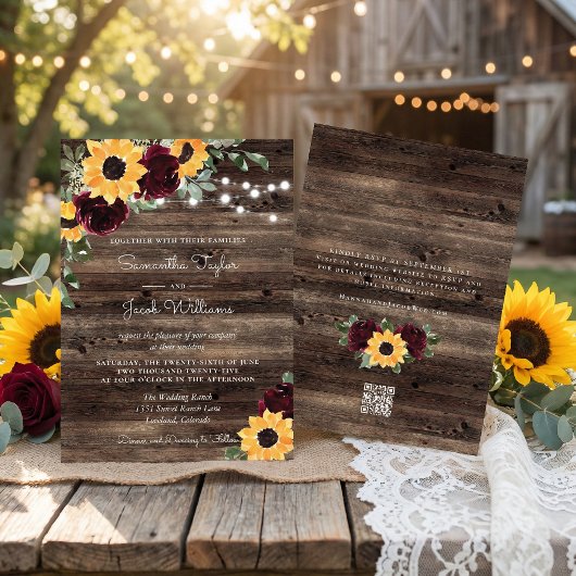 Sunflower Roses Barn QR Code Wedding Einladung