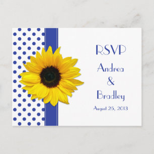 Sunflower Royal Blue White Polka Dot Wedding RSVP Einladungspostkarte
