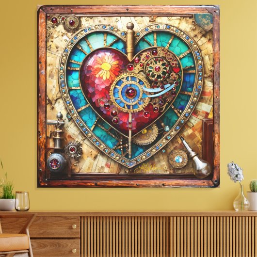 Sunflower Stained Glass Heart Steampunk Series Leinwanddruck (Insitu (Wohnzimmer))