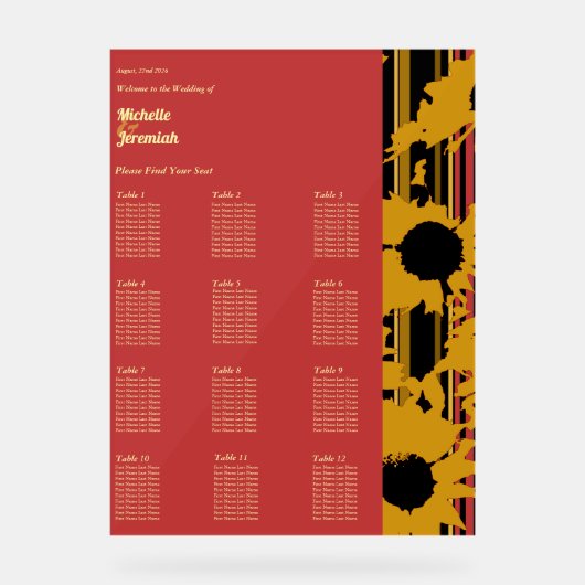 Sunflower Sunset Coral Gold Wedding Seat Chart Acrylschild (Vorderseite)