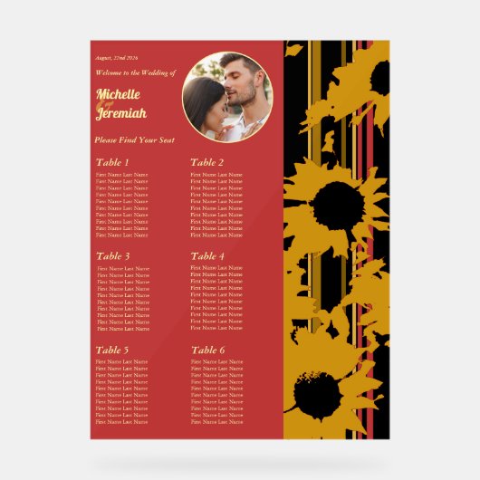 Sunflower Sunset Coral Gold Wedding Seat Chart Acrylschild (Vorderseite)