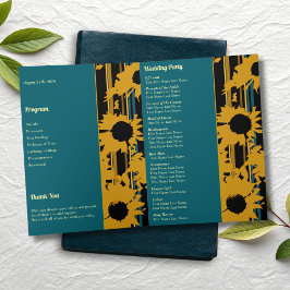 Sunflower Teal Blue Gold Modern Folded Wedding  Programm