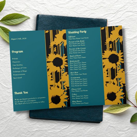 Sunflower Teal Blue Gold Modern Folded Wedding  Programm