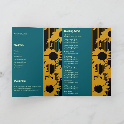 Sunflower Teal Blue Gold Modern Folded Wedding  Programm (Innenseite)