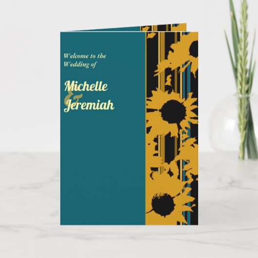 Sunflower Teal Blue Gold Modern Folded Wedding  Programm (Vorderseite)