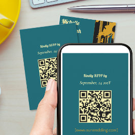Sunflower Teal Blue Gold Modern QR Code Wedding  RSVP Karte
