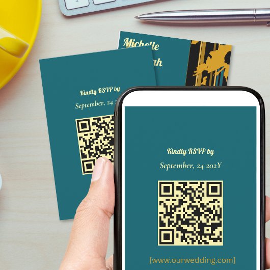 Sunflower Teal Blue Gold Modern QR Code Wedding  RSVP Karte