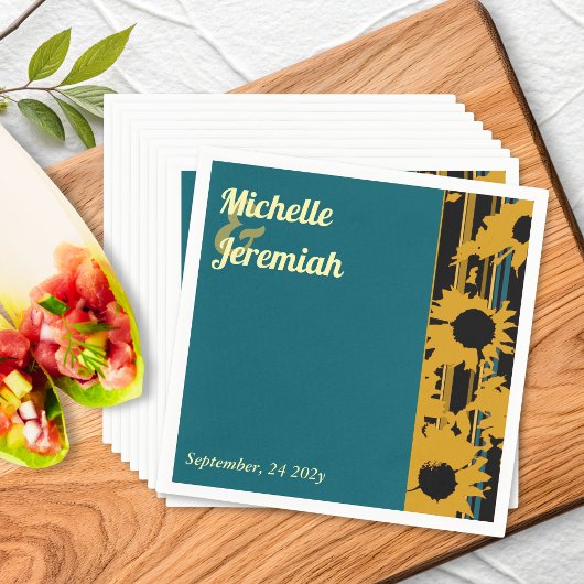 Sunflower Teal Blue Gold Modern Wedding Cocktail Serviette