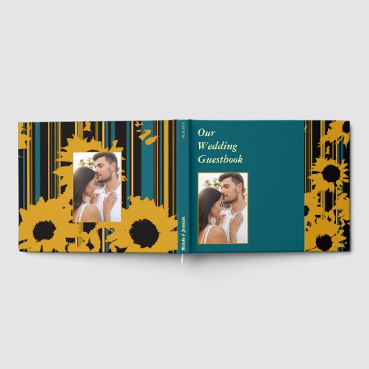 Sunflower Teal Blue Gold Modern Wedding Gästebuch (Voll)
