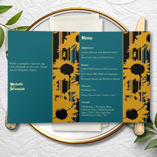 Sunflower Teal Blue Gold Modern Wedding Menu Karte