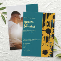 Sunflower Teal Blue Gold Modern Wedding Photo