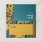 Sunflower Teal Blue Gold Modern Wedding Platzkarte (Außenseite Aufgefaltet)